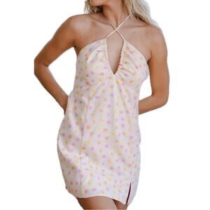 Elodie Flower Power Floral Halter Mini Dress Deep V Neck Size Medium NWT